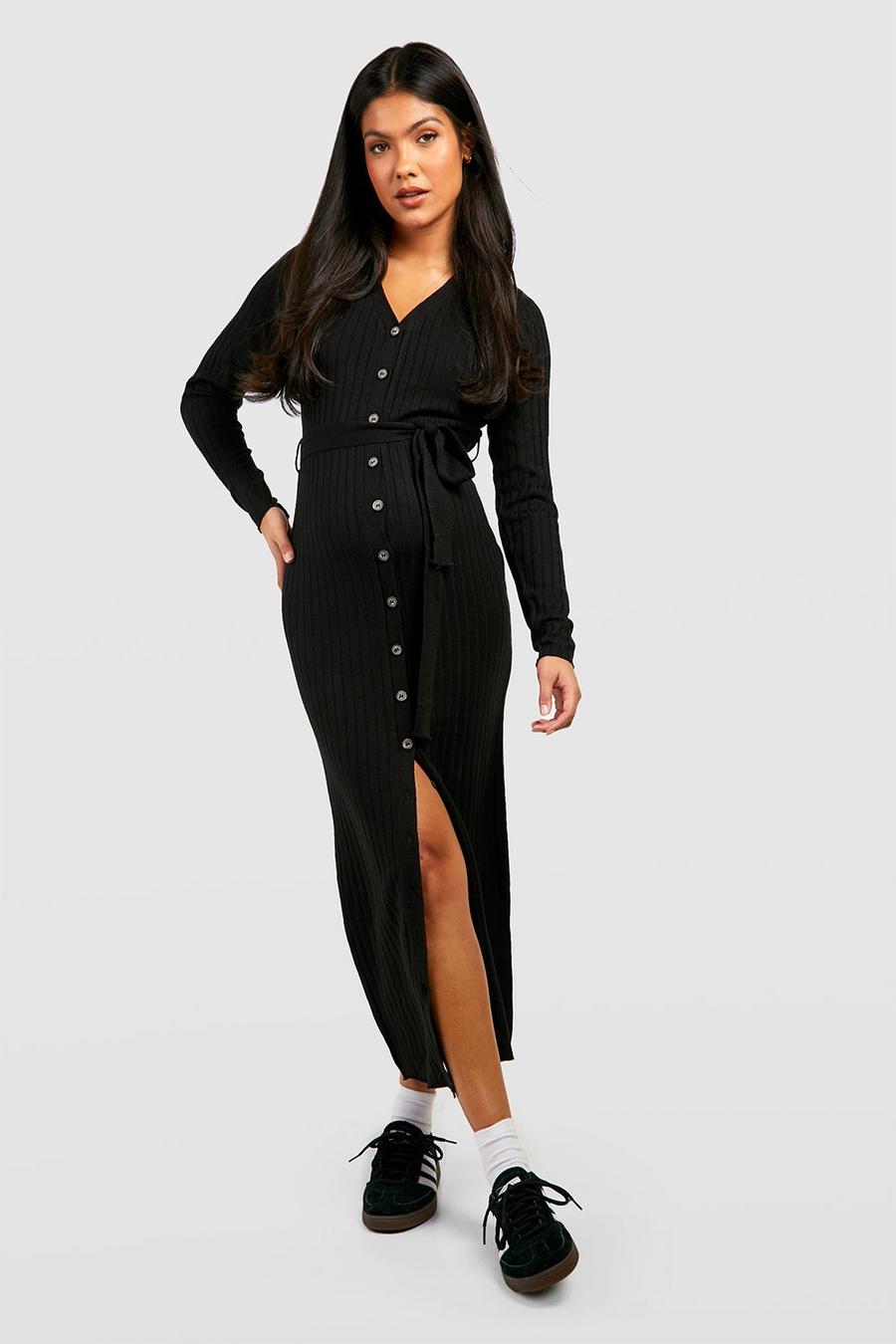 Black Maternity Button Down Knitted Midi Dress image number 1