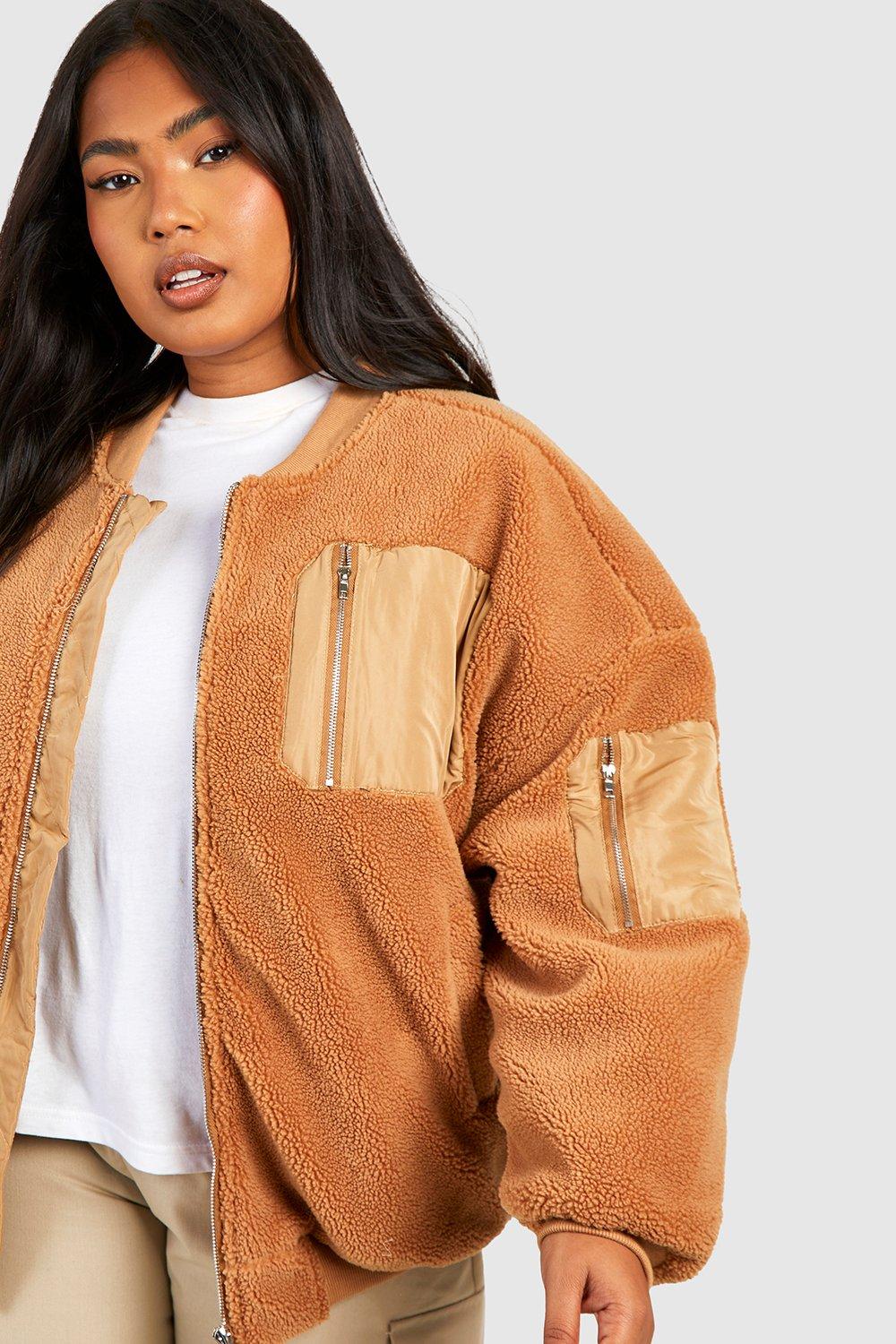 boohoo Plus Size Oversized Pocket Detail Faux Fur Jacket