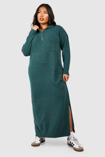 Plus Zip Polo Collar Knitted Maxi Dress forest