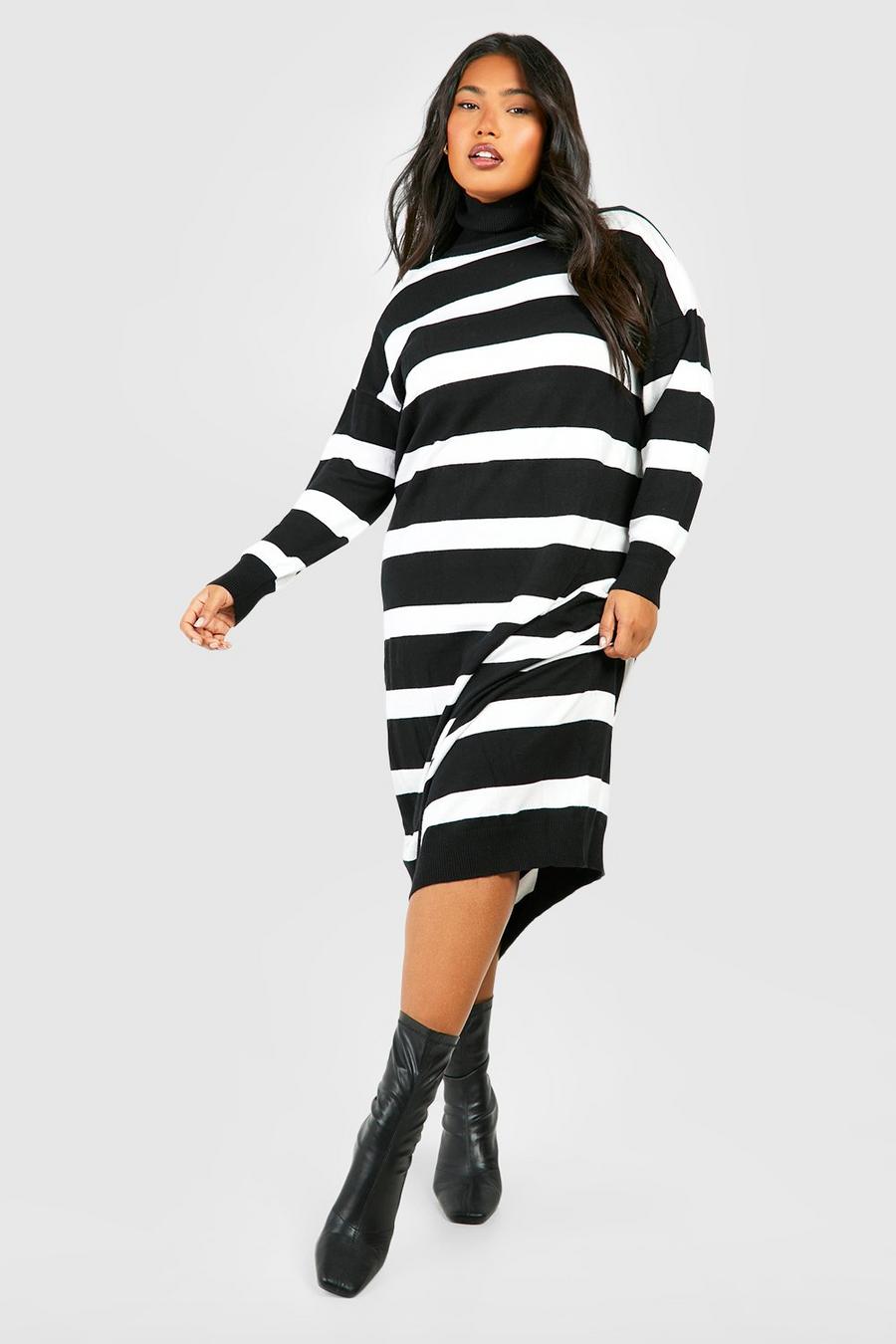 Black Plus Stripe Roll Neck Midaxi Knitted Dress image number 1