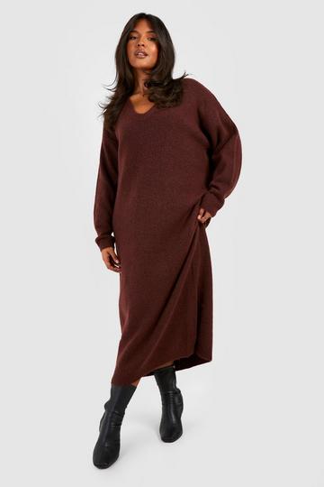 Chocolate Brown Plus Slouchy Soft Knit Maxi Knitted Dress