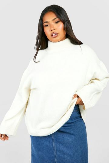 Stone Beige Plus Soft Knit Roll Neck Jumper