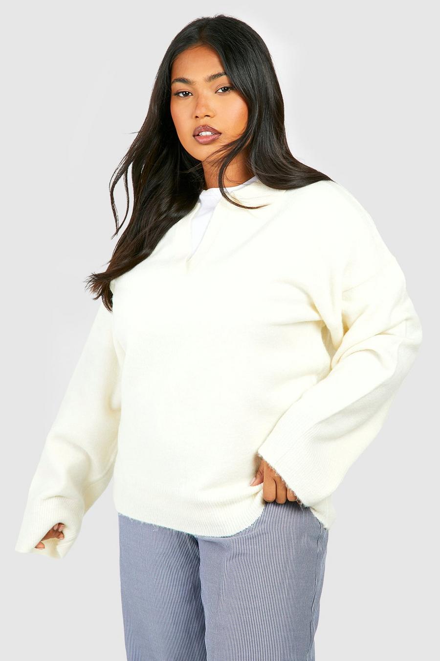 Ecru white Plus Collared Soft Knit Oversized Sweater