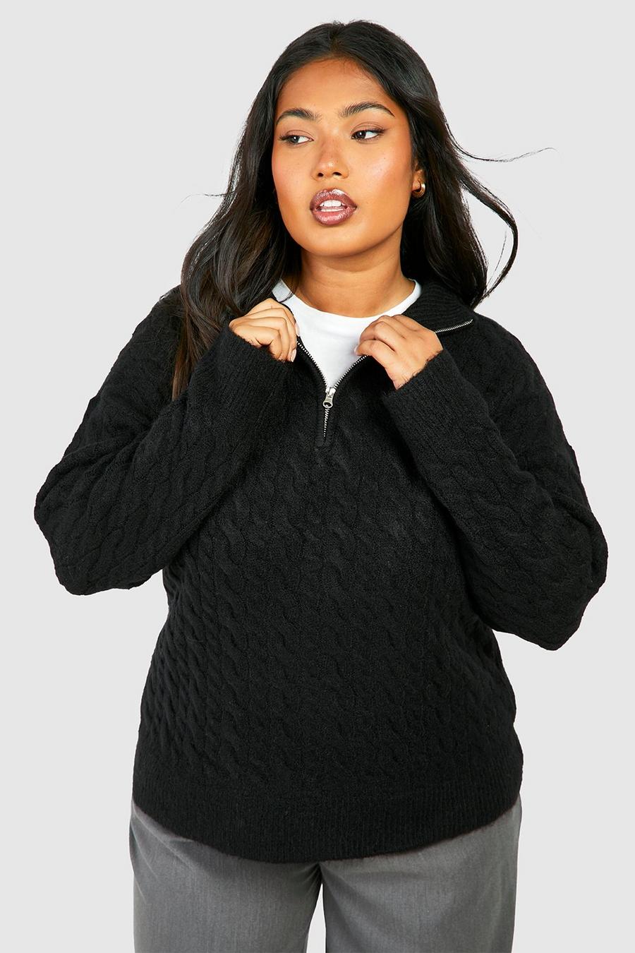 Black Plus Cable Knit Half Zip Sweater image number 1