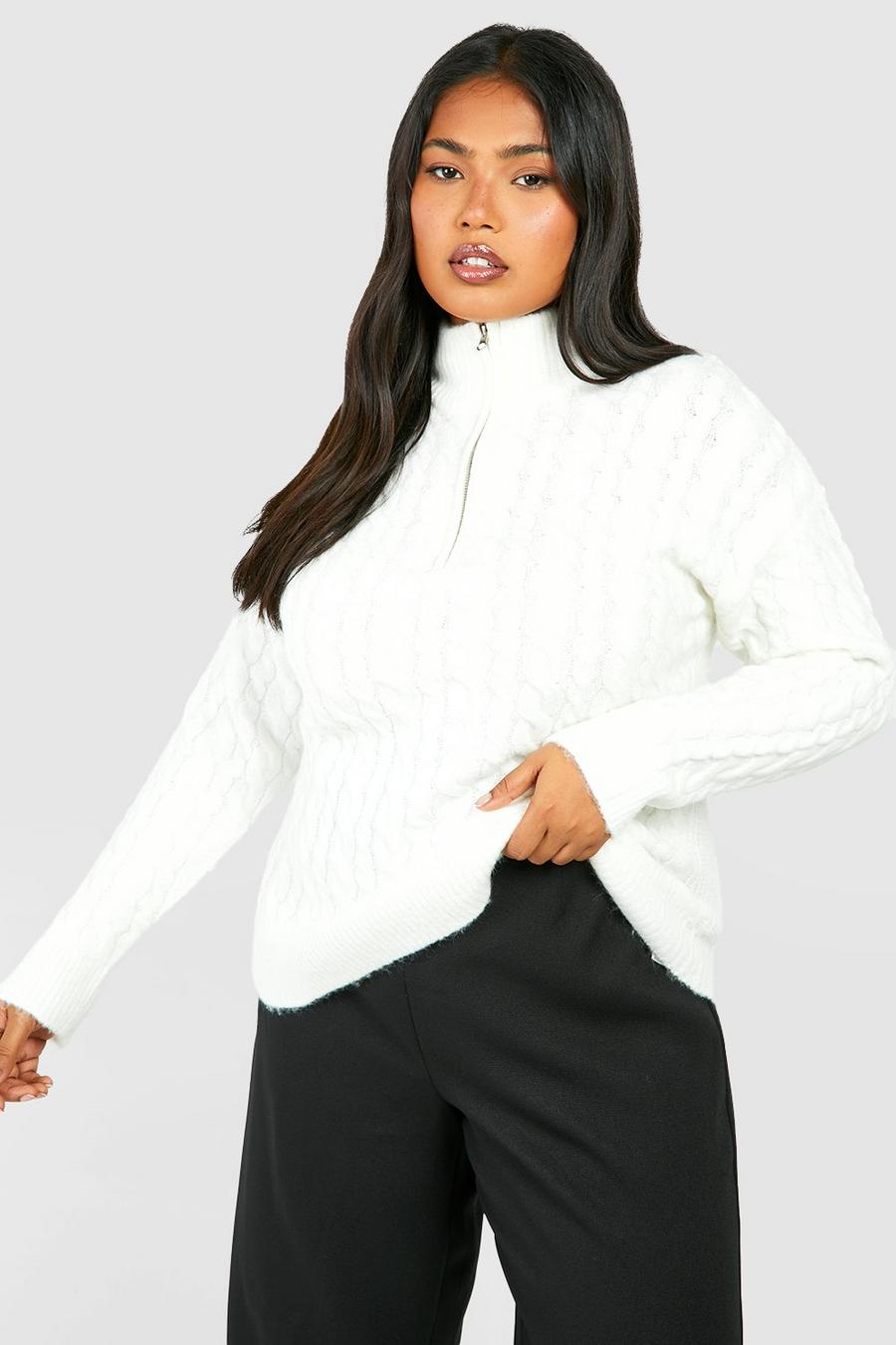 White Plus Cable Knit Half Zip Jumper image number 1