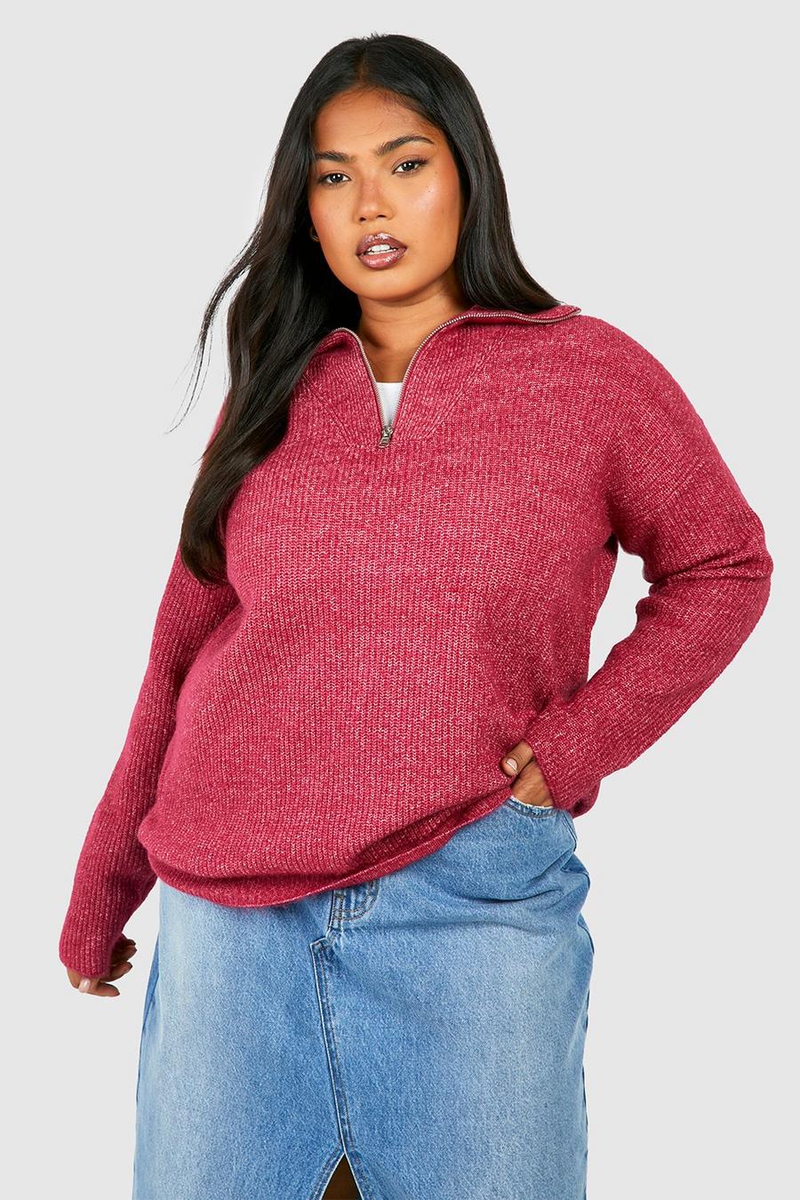 Maglione Plus Size con collo a imbuto e zip, Hot pink