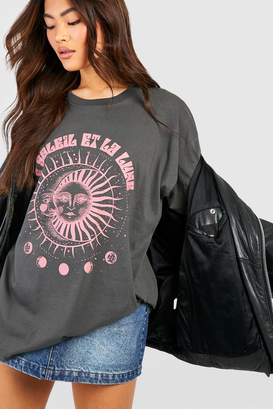 Charcoal Celestial Soleil Printed Oversized T-shirt  image number 1
