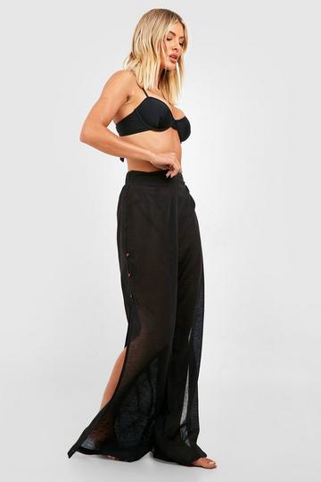 Linen Look Button Split Sides Beach Trousers black