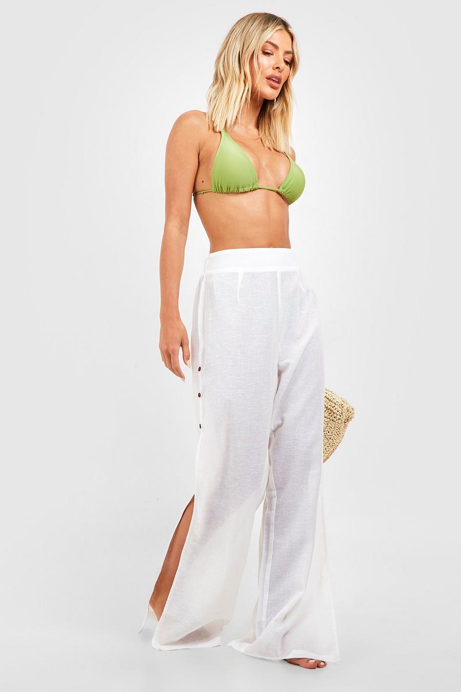 White Linen Look Button Split Sides Beach Trousers image number 1