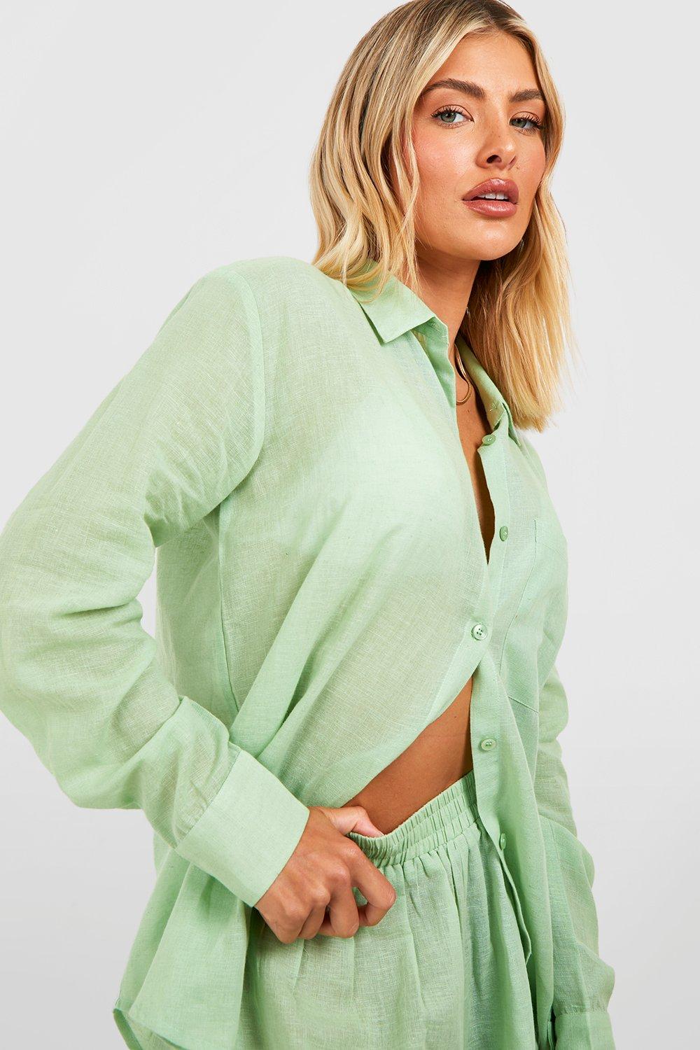 boohoo Linen Look Shirt & Short Beach Matching Set - Green - Size L