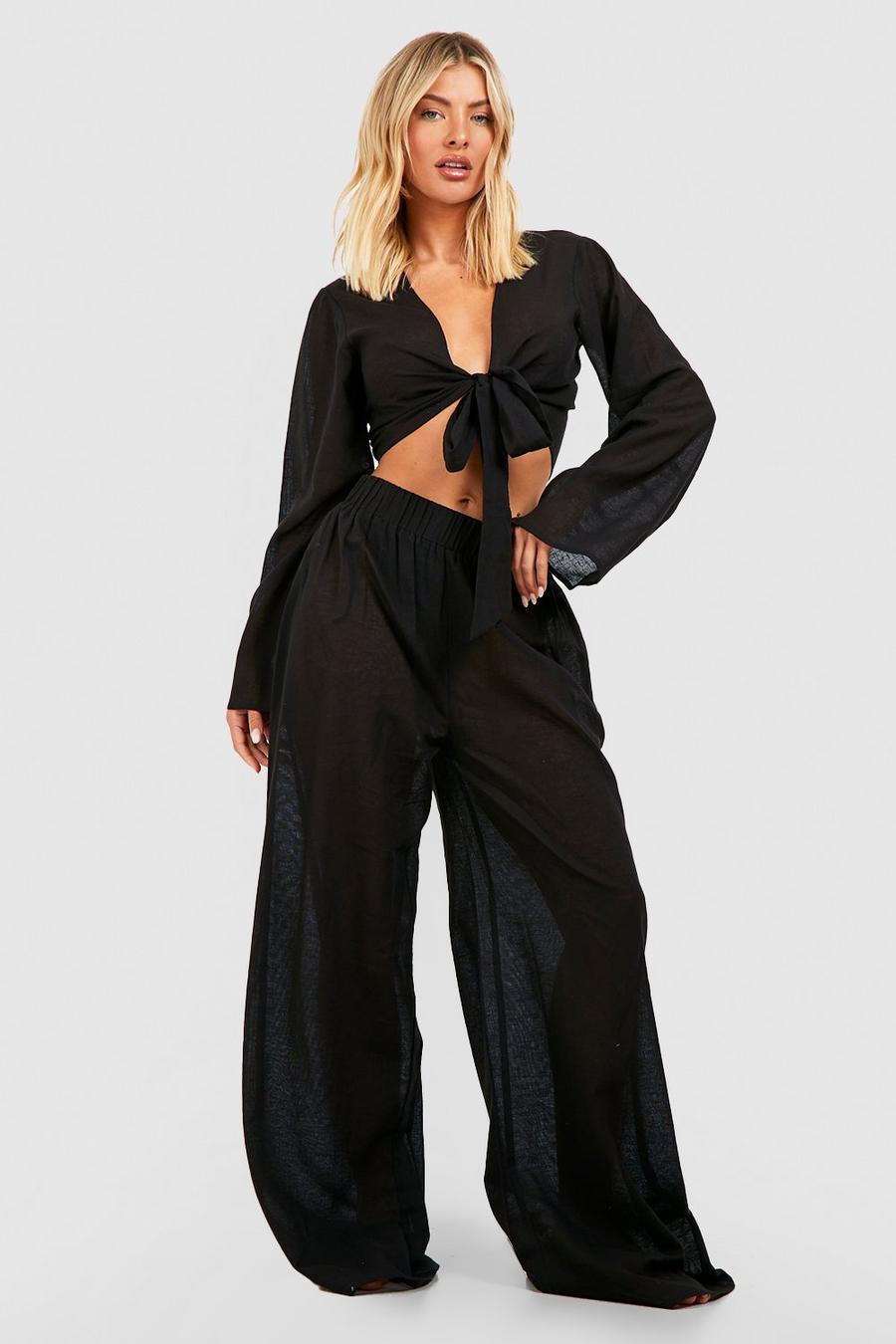 Black Linen Look Tie Shirt & Trouser Beach Co-ord image number 1