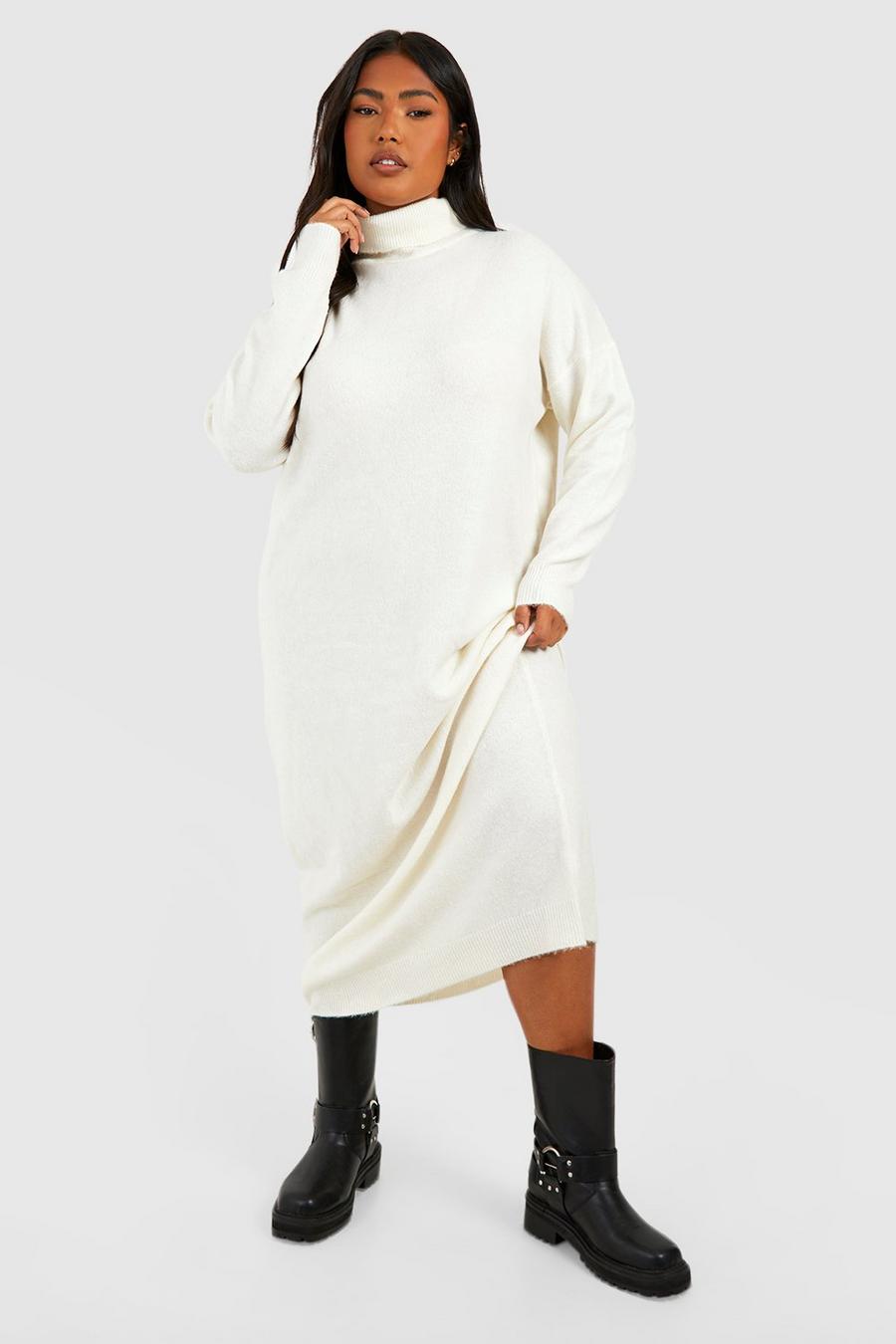 White Plus Soft Knit Turtleneck Midi Dress image number 1