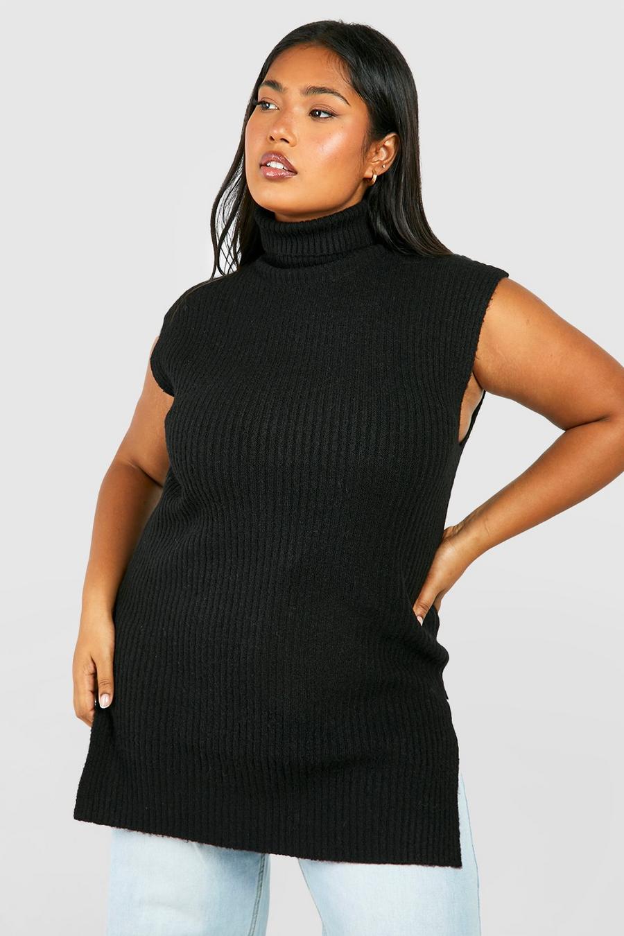 Black Plus Roll Neck Knitted Longline Tank  image number 1