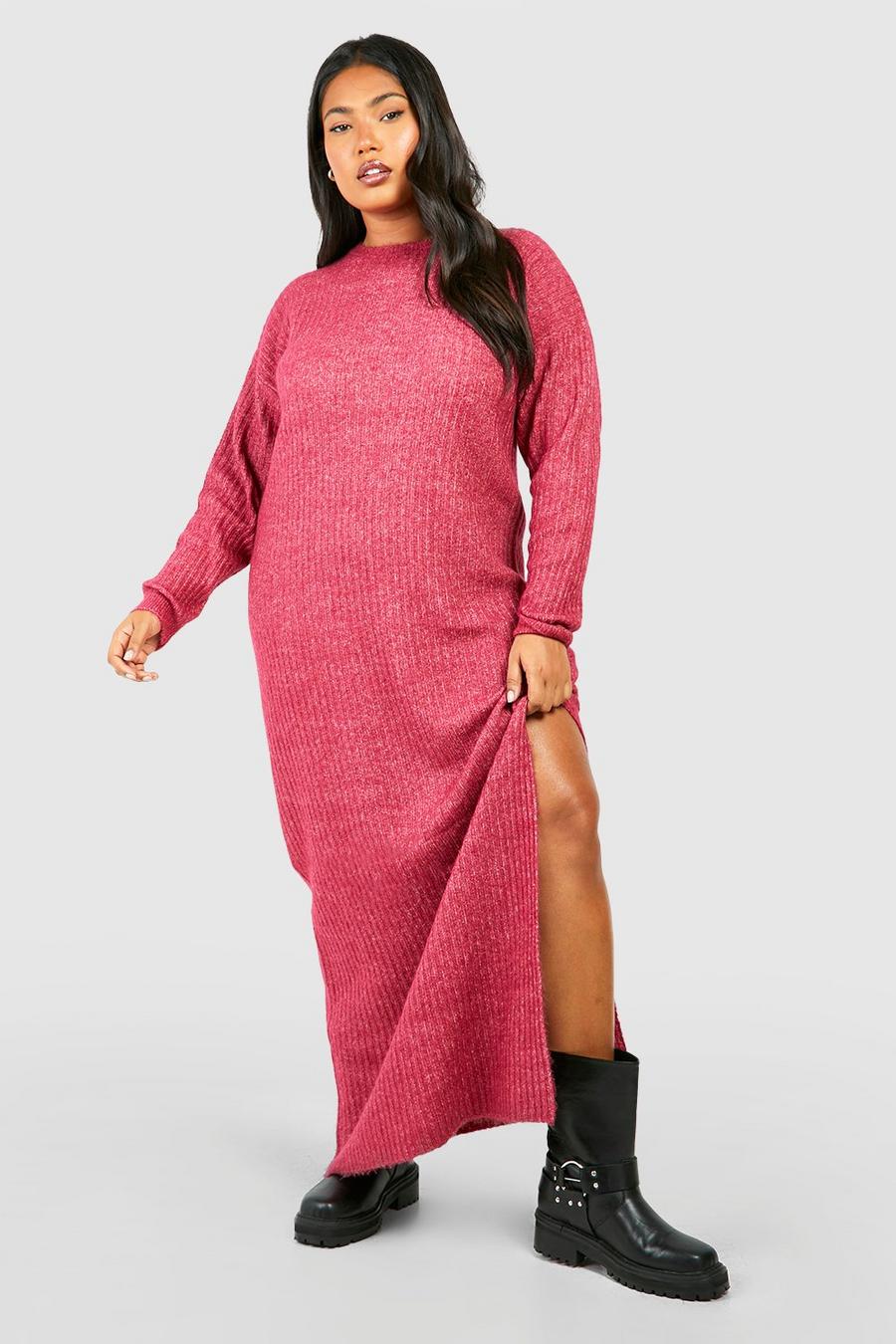 Raspberry Plus Soft Knit Crew Neck Midaxi Dress