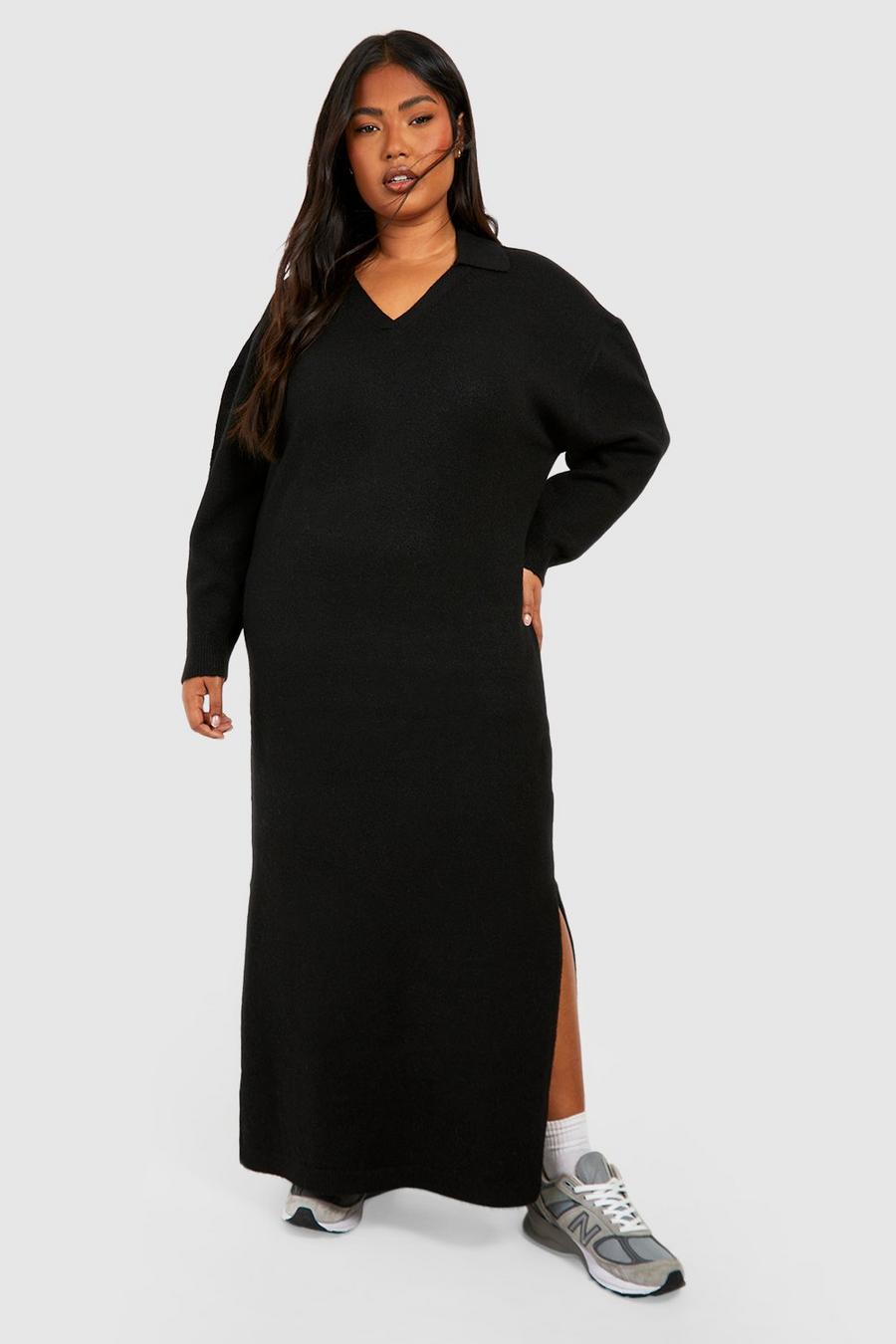 Black Plus Soft Rib Polo Midaxi Dress