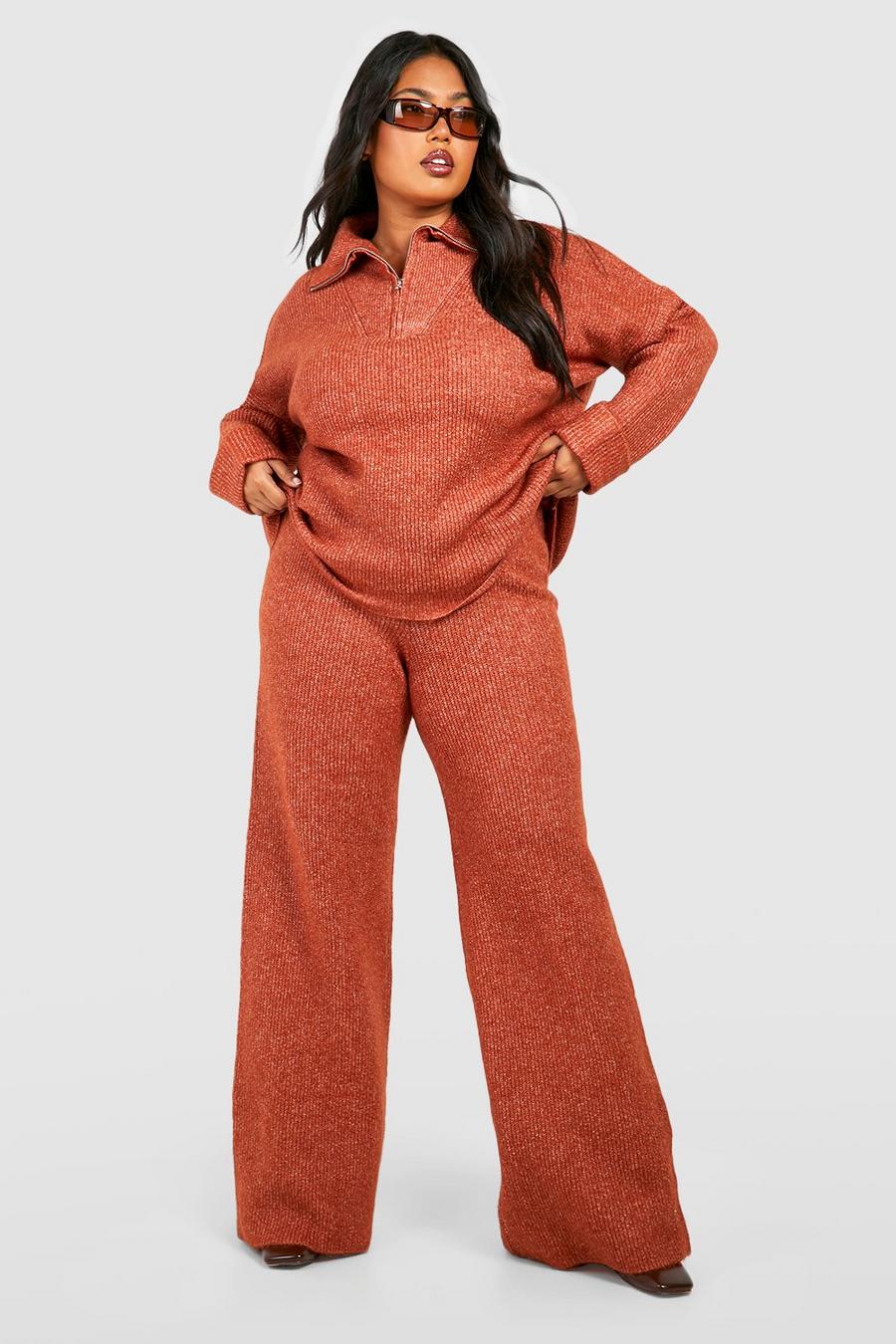 Rust orange Plus Knitted Funnel Neck Wide Leg Trouser Set