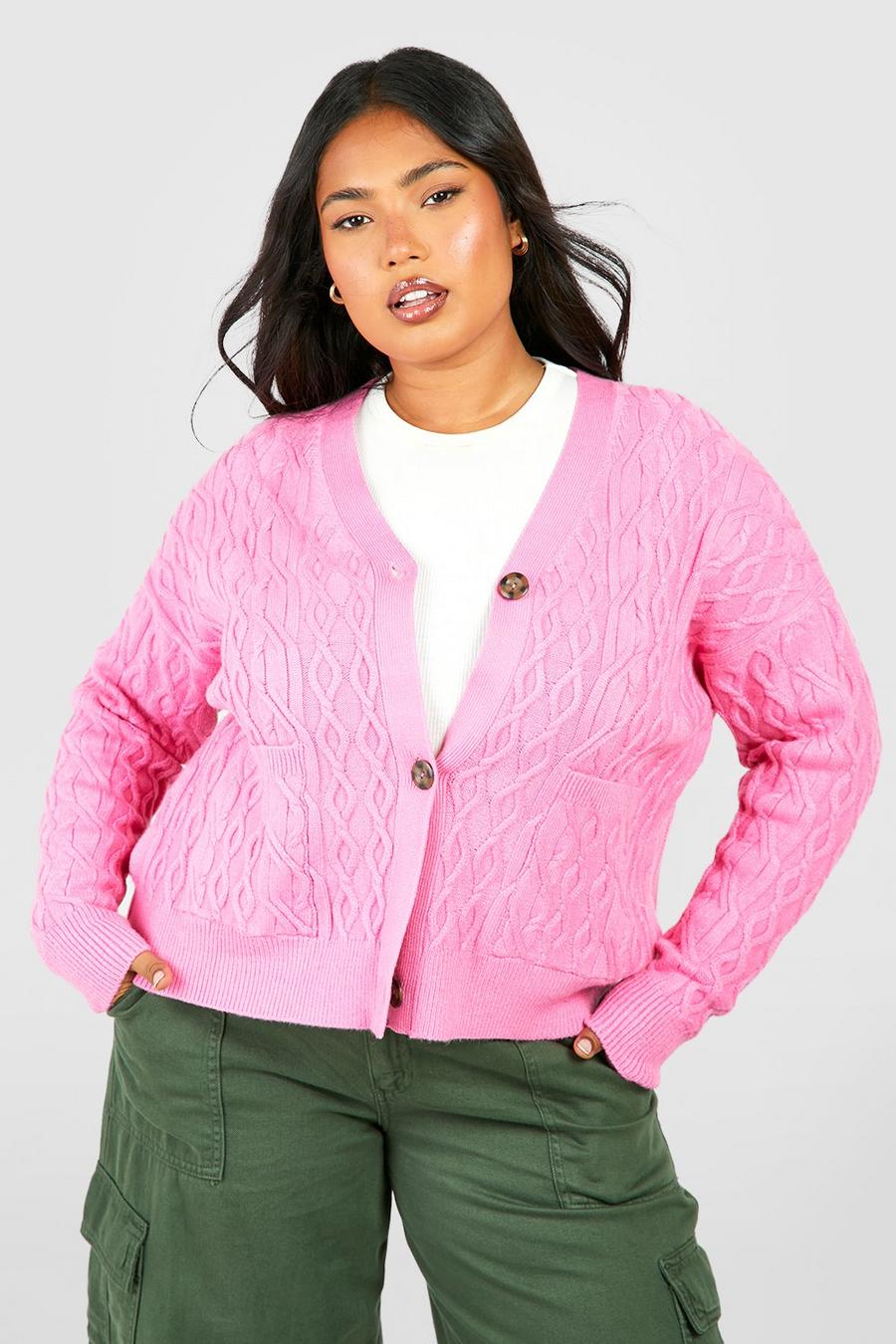 Pink Plus Cable Knitted Boxy Cardigan image number 1