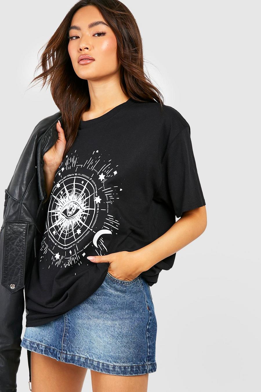 Black Celestial Eye Printed Oversized T-shirt   image number 1
