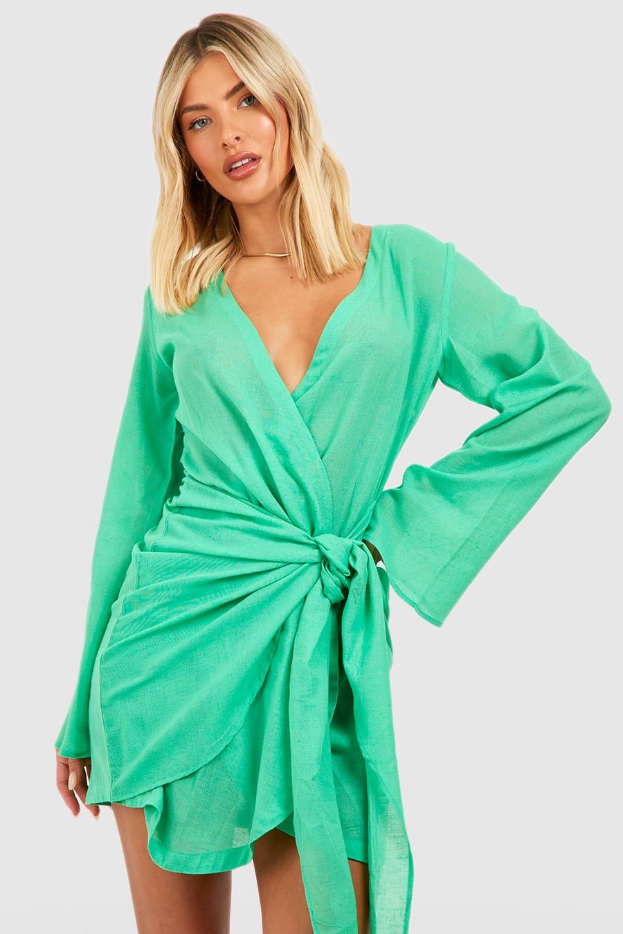 Green Linen Look Tie Front Beach Mini Dress image number 1