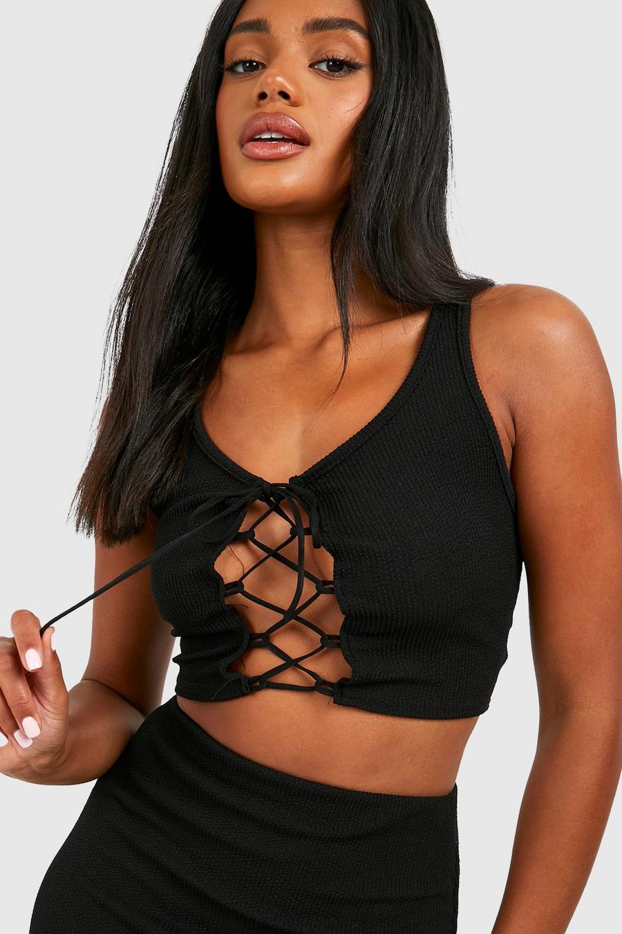 Black Ribbed Lace Up Corset Top