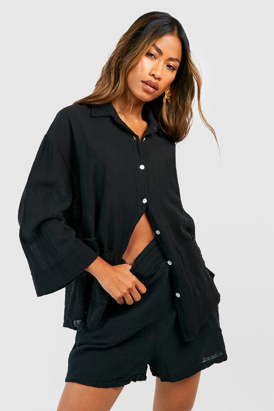 Strukturiertes leichtes Oversize Hemd aus Baumwolle, Black