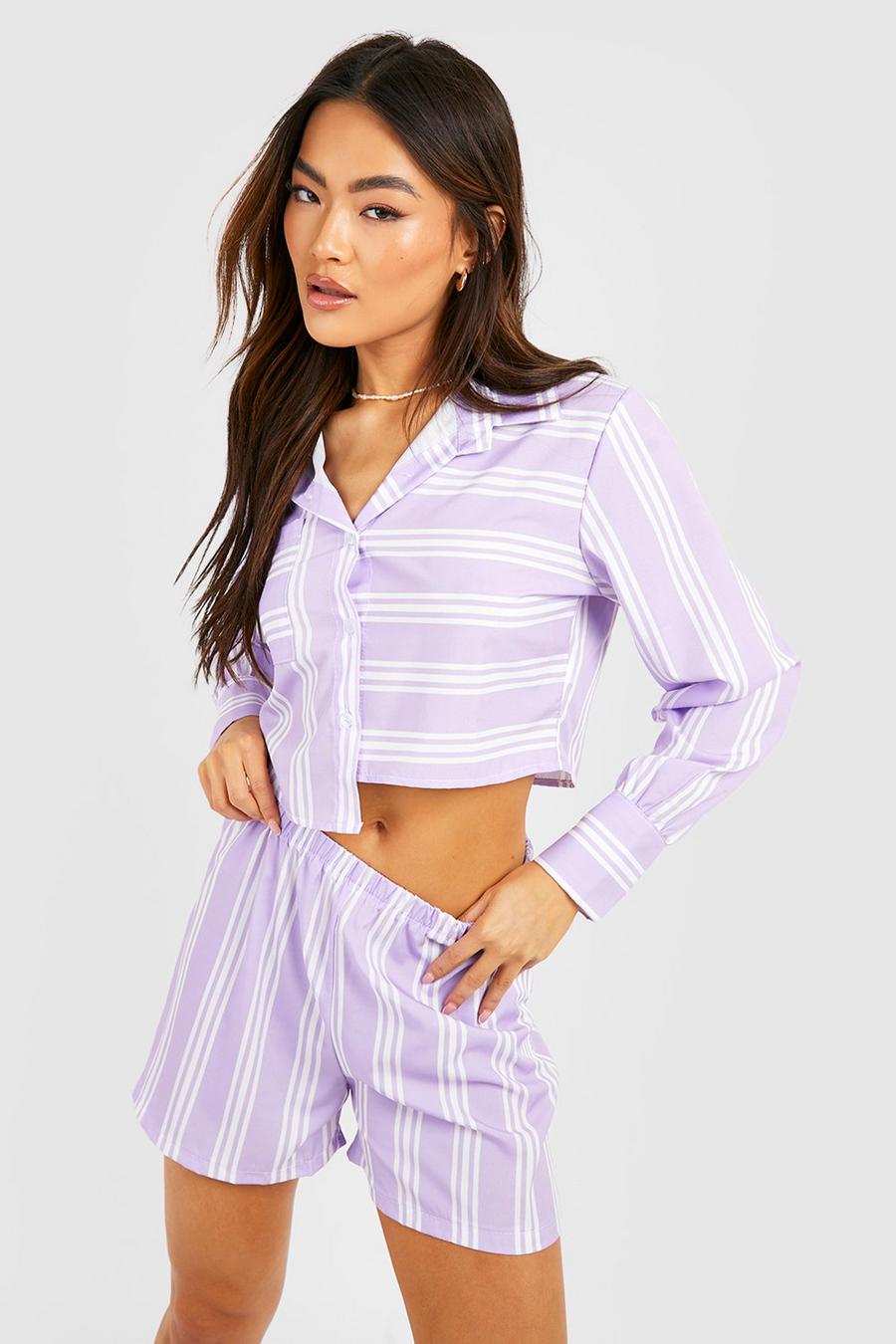 Lilac viola Cropped Contrast Stripe Relaxed Fit Shirt & Shorts image number 1