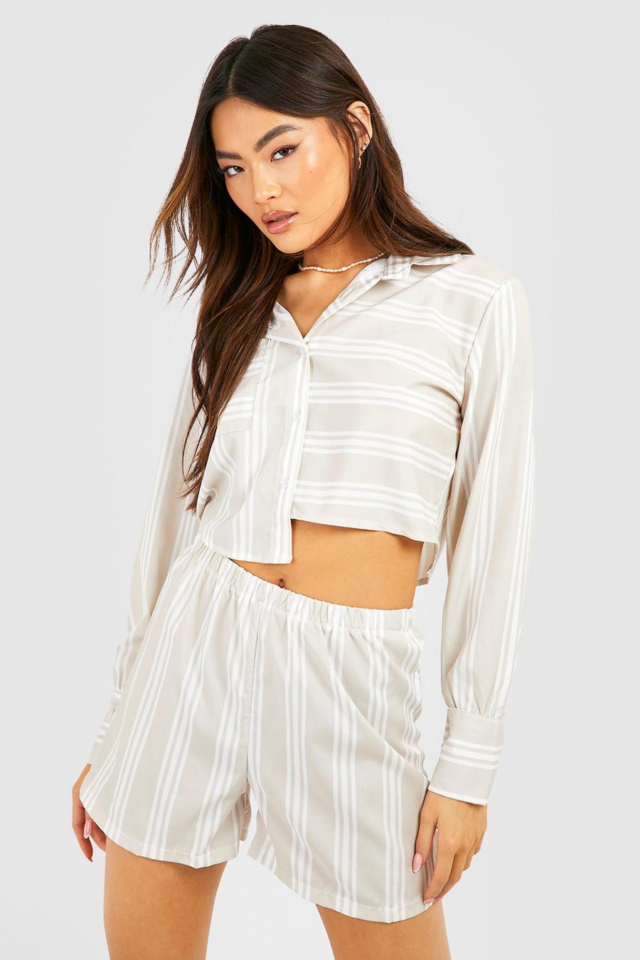 Stone Cropped Contrast Stripe Relaxed Fit Shirt & Shorts image number 1