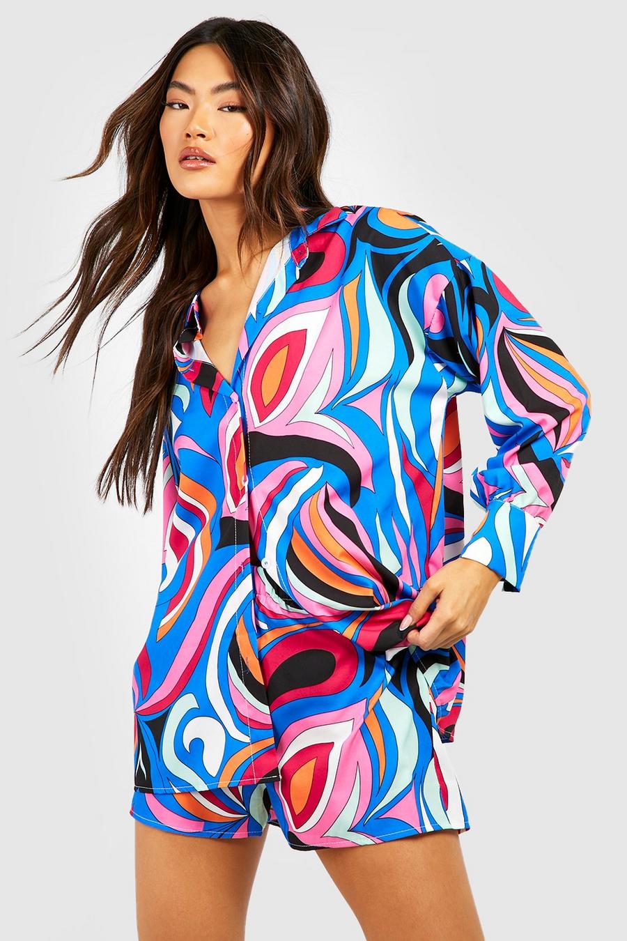 Cobalt Bright Abstract Print Tie Front Shirt & Shorts image number 1