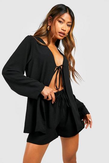 Hammered Tie Front Blouse & Relaxed Fit Shorts black