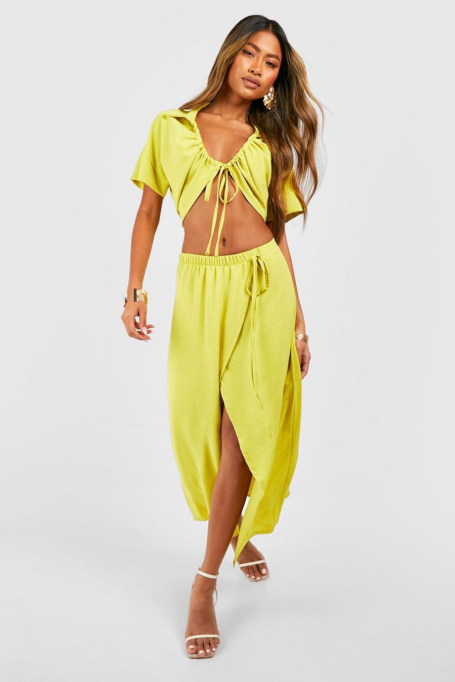Lime green Hammered Ruched Front Shirt & Wrap Midi Skirt