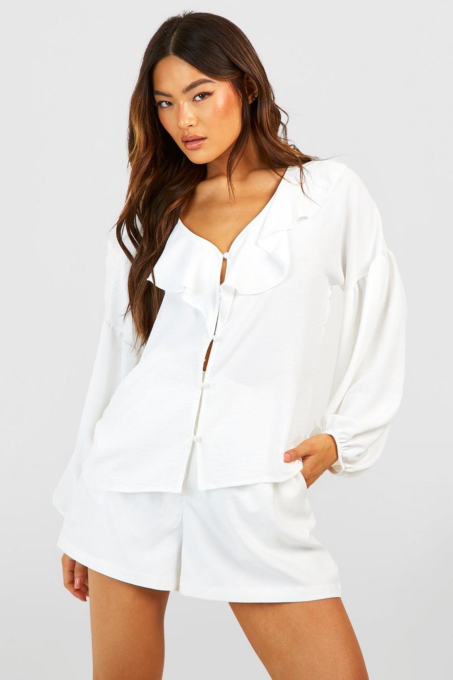 Hammered Ruffle Detail Puff Sleeve Blouse
