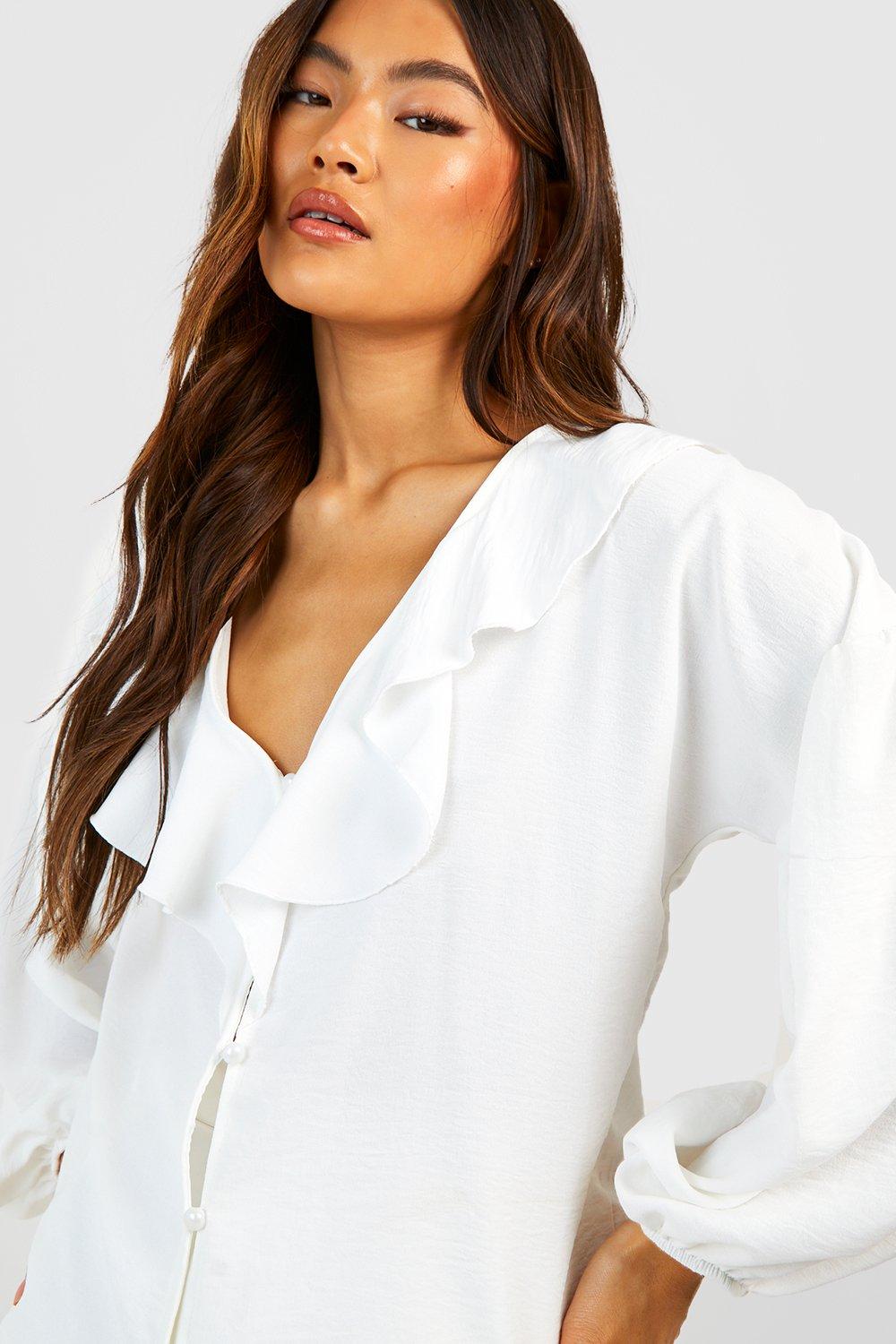 White ruffle store blouse boohoo