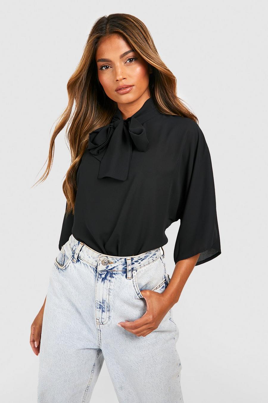 Black Woven Tie Neck Floaty Flared Sleeve Blouse