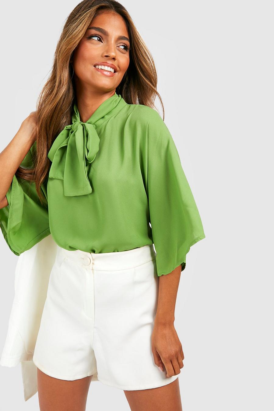 Soft lime yellow Woven Tie Neck Floaty Flared Sleeve Blouse
