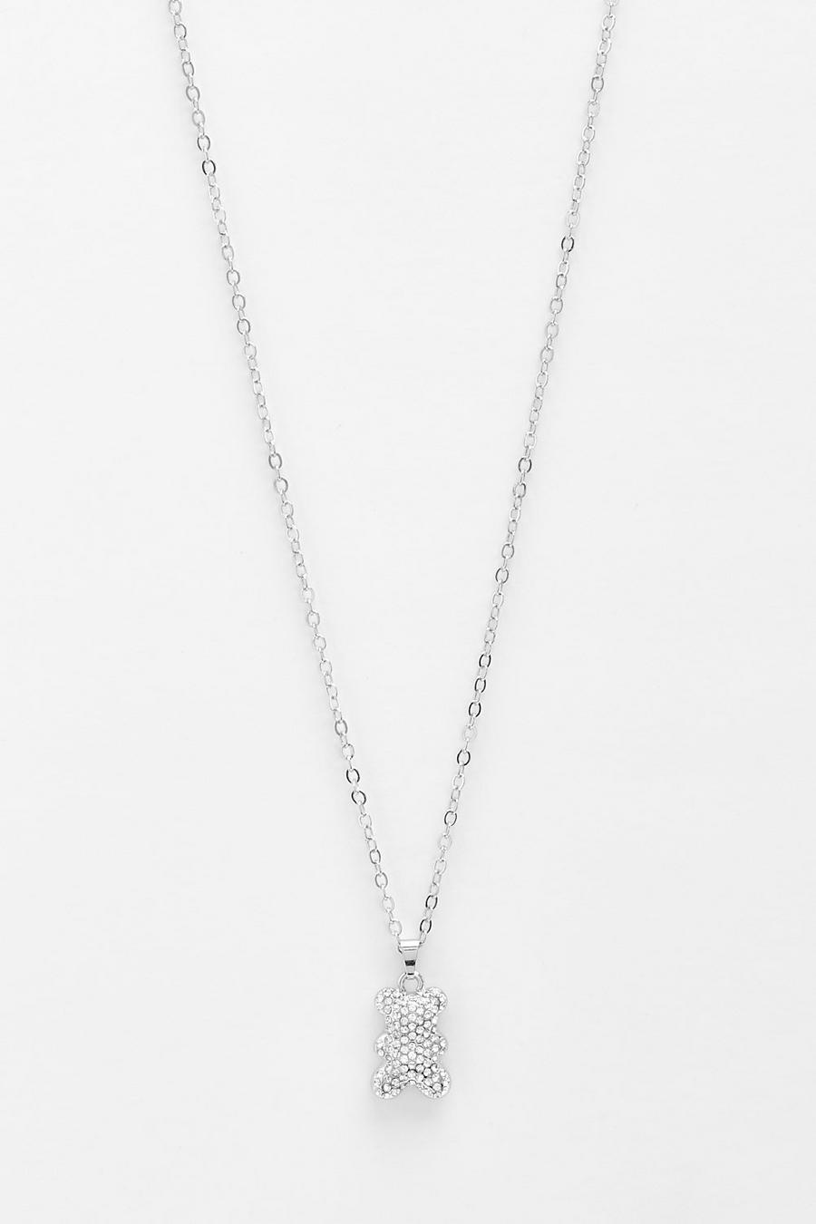 Silver Diamante Bear Drop Necklace  image number 1