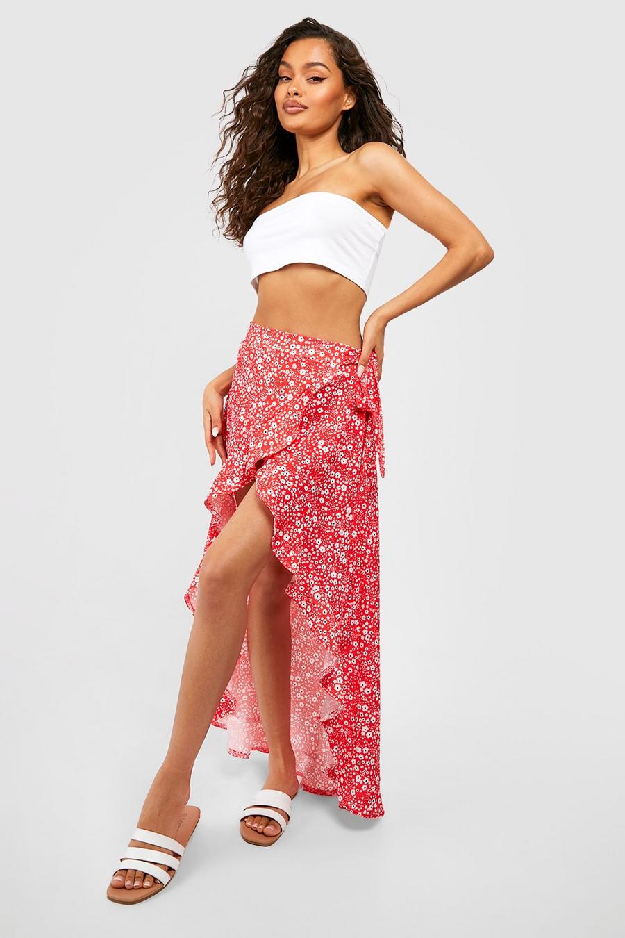 Red Wrap Ruffle Hem Floral Maxi Skirt