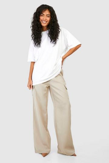 Stone Beige High Waisted Straight Fit Cargo Pants
