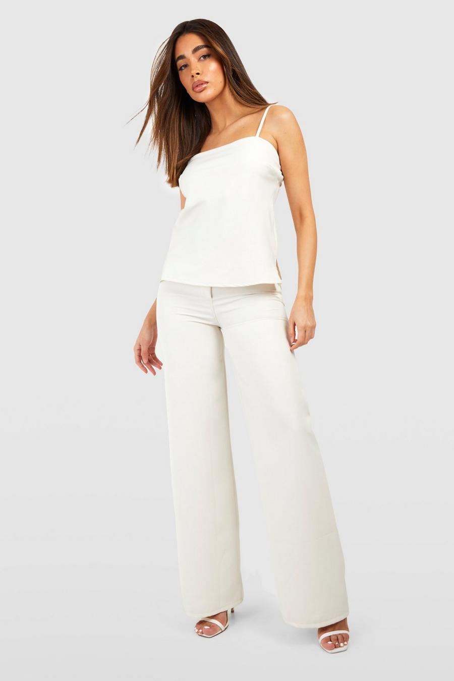 Cream Pleat Front Wide Leg Tailored Trousers 