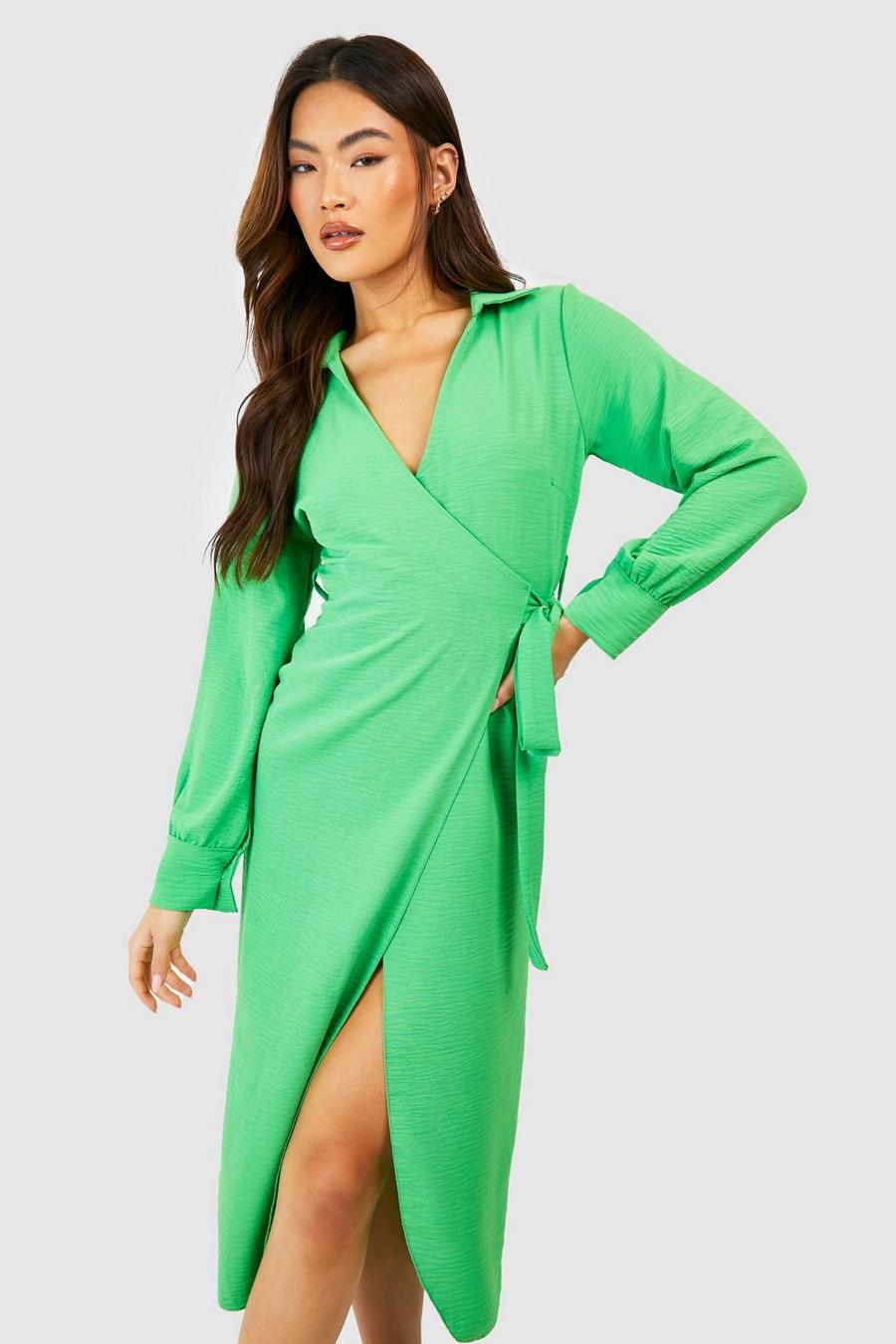 Bright green Hammered Wrap Front Belted Shirt Dress image number 1