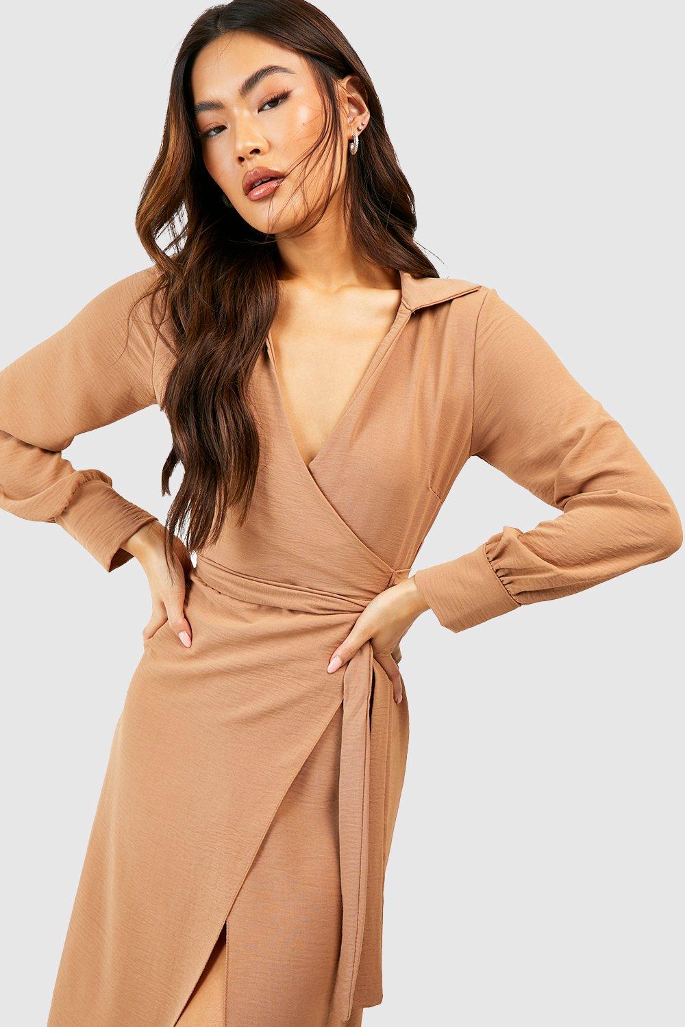 Hammered Wrap Front Belted Shirt Dress boohoo