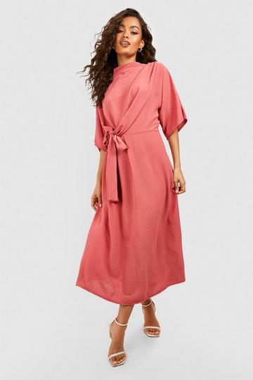 Rose Pink Hammered Tie Front Cowl Neck Midi Dress