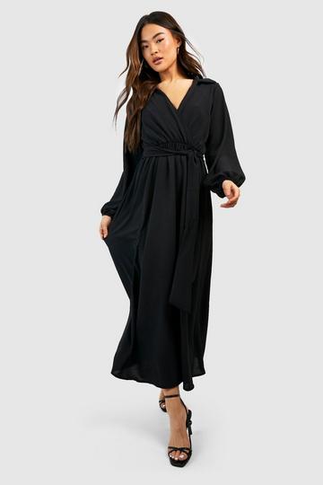 Hammered Puff Sleeve Belted Shirt Dress black