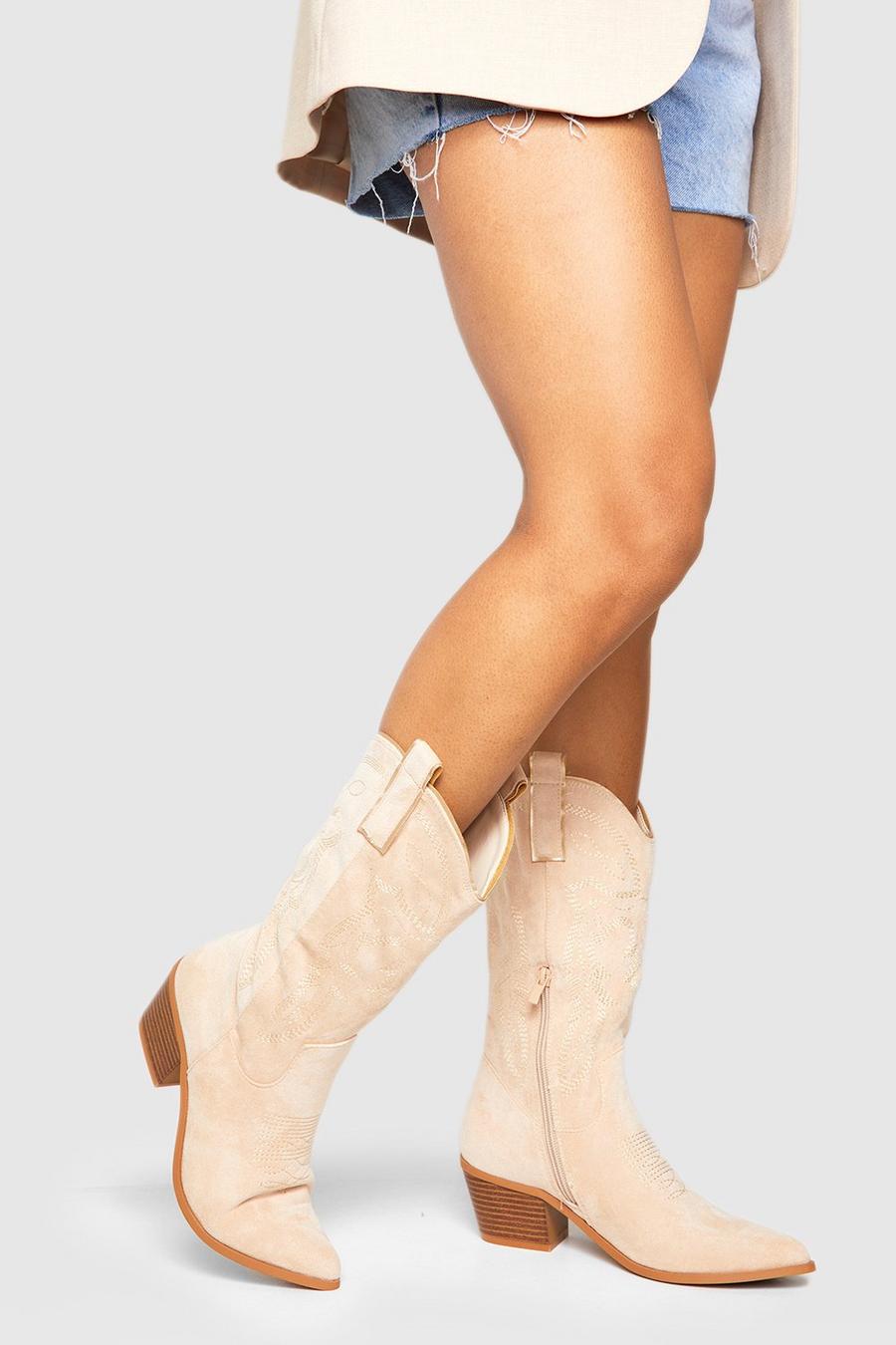 Beige Contrast Stitch Cowboy Western Boots image number 1