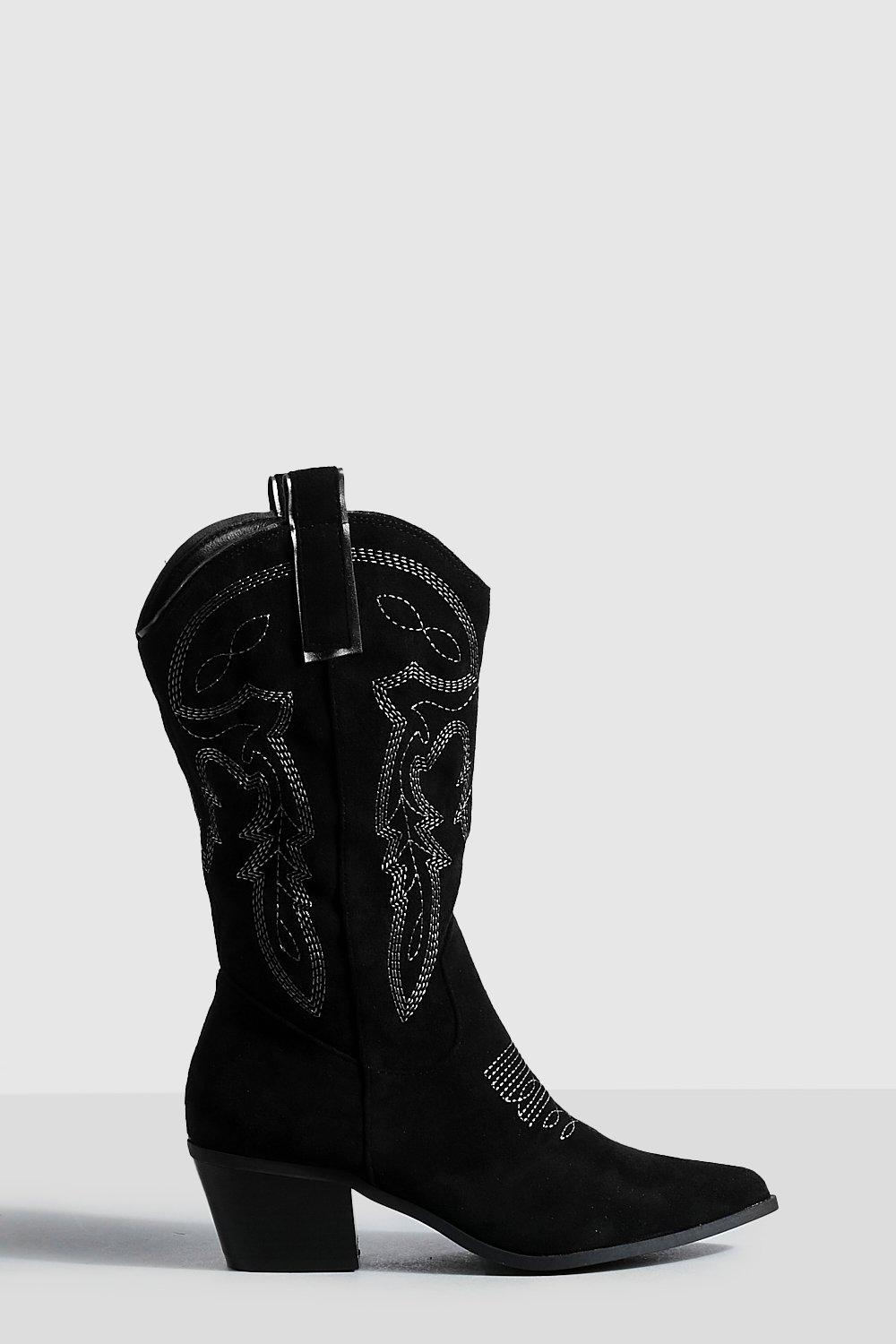 Wide Width Contrast Embroidered Casual Cowboy Boots