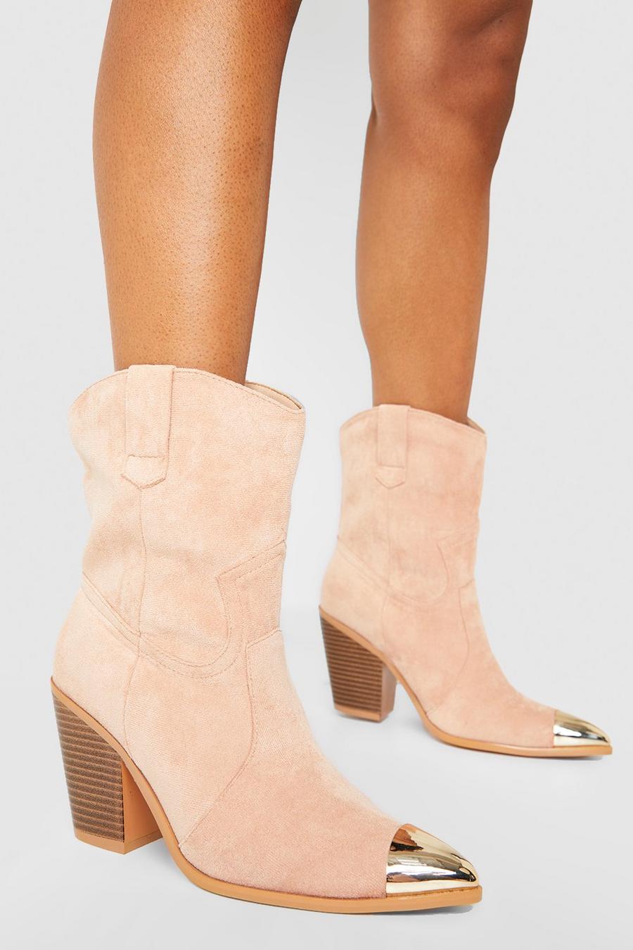 Nude Wide Fit Toe Cap Detail Western Cowboy Boots  image number 1