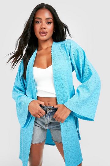 Textured Belted Longline Kimono aqua