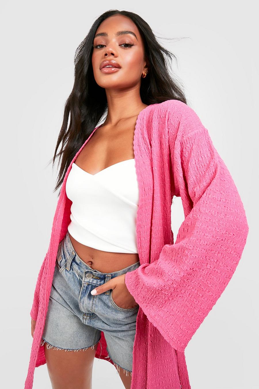 Bright pink Textured Belted Longline Kimono  image number 1