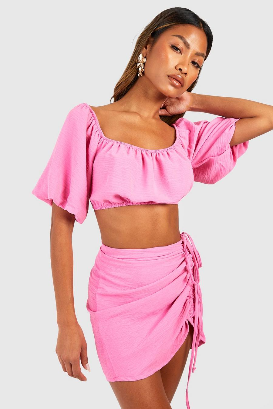 Hot pink Hammered Off The Shoulder Crop & Ruched Mini Skirt image number 1