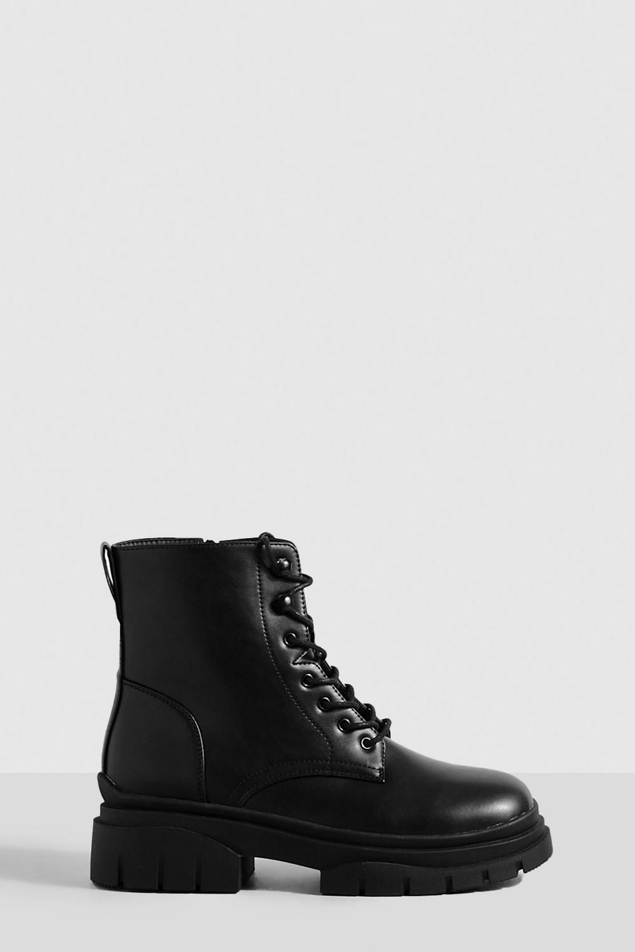 Wide Fit Wave Sole Lace Up Biker Boots | Boohoo UK