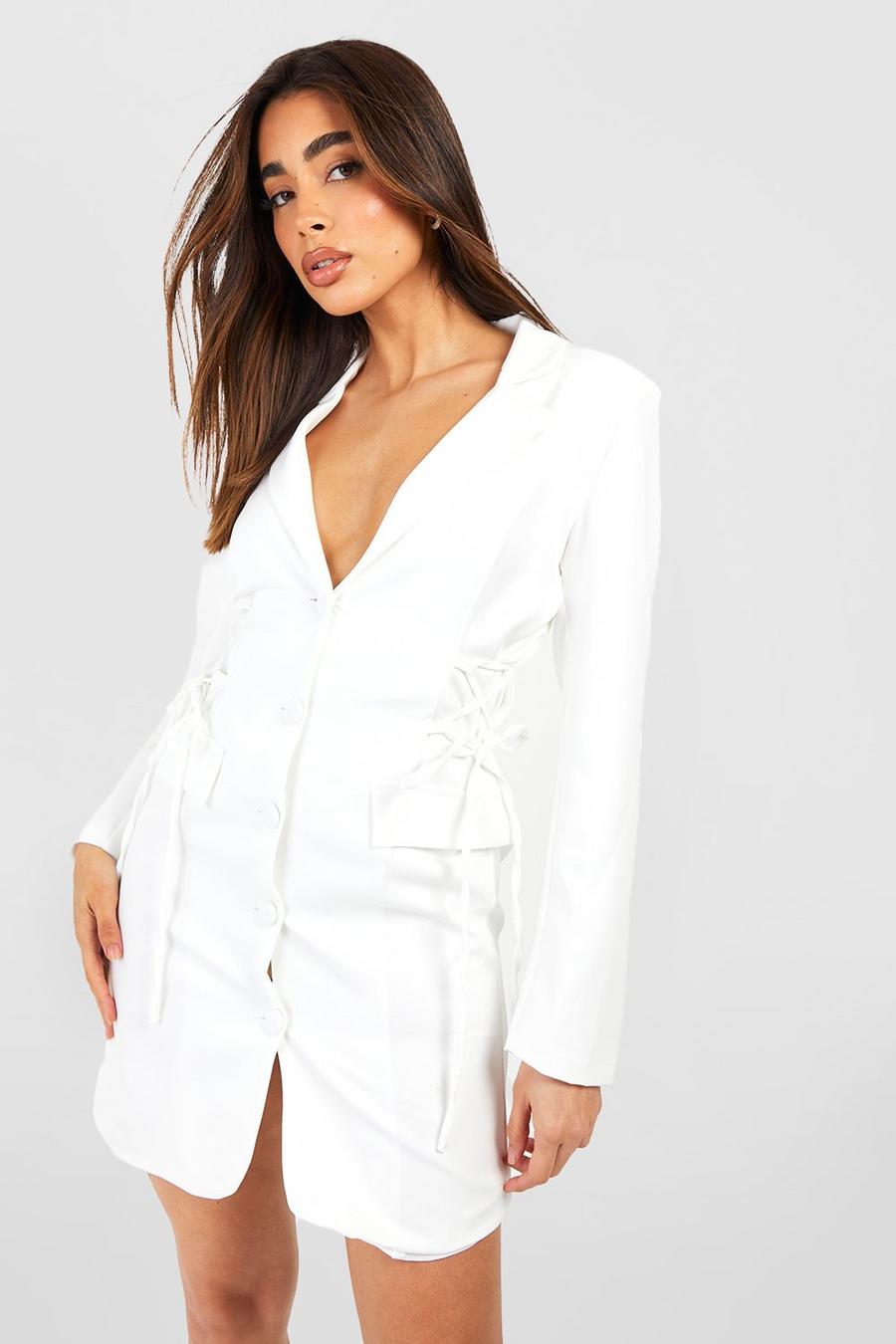 Ivory white Lace Up Side Tailored Blazer Dress